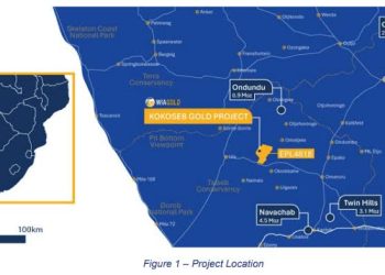 KOKOSEB1 | Mining and Energy Namibia | Namibia’s Leading Mining & Energy News Map showing the Kokoseb Gold Project location in orange on a regional blue map with nearby towns labeled (Ondundu, Navachab, Twin Hills) and an Africa inset for context; includes a 0–100 km scale bar.