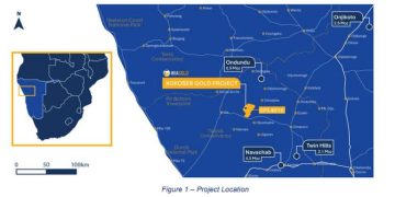 Map showing the Kokoseb Gold Project location in orange on a regional blue map with nearby towns labeled (Ondundu, Navachab, Twin Hills) and an Africa inset for context; includes a 0–100 km scale bar.