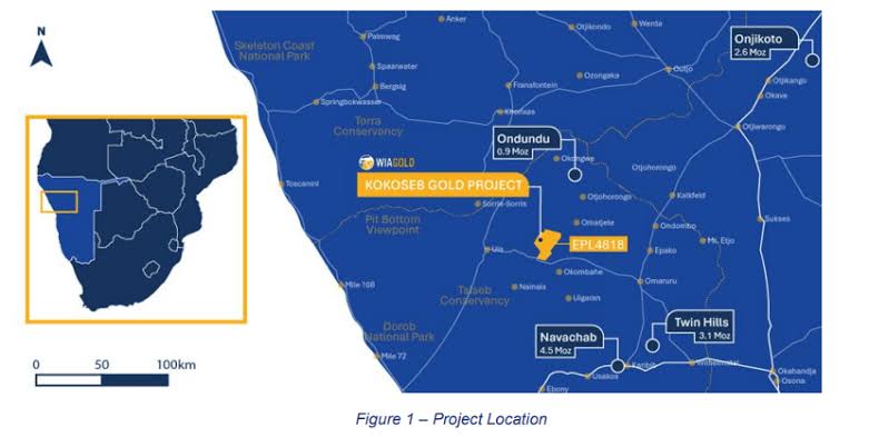 KOKOSEB1 | Mining and Energy Namibia | Namibia’s Leading Mining & Energy News Map showing the Kokoseb Gold Project location in orange on a regional blue map with nearby towns labeled (Ondundu, Navachab, Twin Hills) and an Africa inset for context; includes a 0–100 km scale bar.