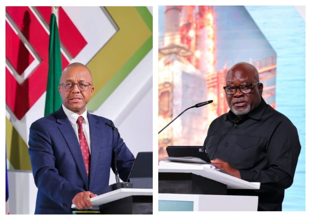 MixCollage-25-Sep-2026-05-34-PM-410 | Mining and Energy Namibia | Namibia’s Leading Mining & Energy News Two men giving speeches at podiums; left speaker in a suit with flags behind, right speaker against a city backdrop.