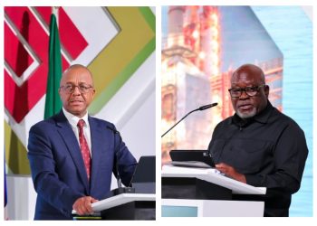 Two men giving speeches at podiums; left speaker in a suit with flags behind, right speaker against a city backdrop.