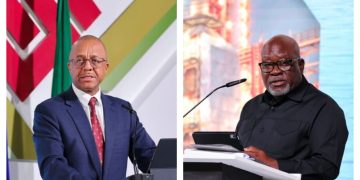 Two men giving speeches at podiums; left speaker in a suit with flags behind, right speaker against a city backdrop.