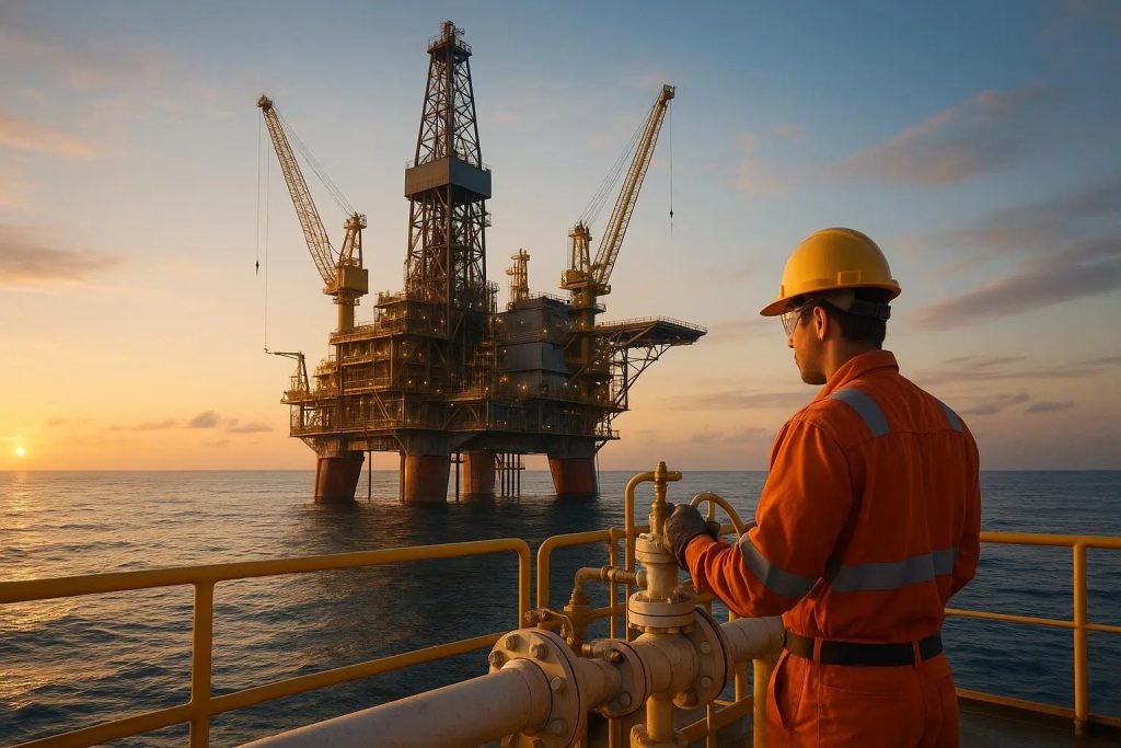Offshore oil platform at sunset with a worker in orange overalls and a yellow hard hat on a railinged deck.