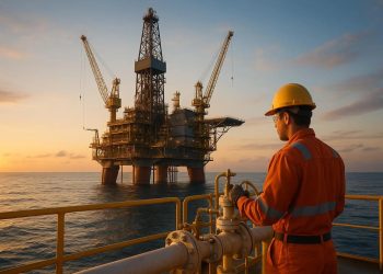 Offshore oil platform at sunset with a worker in orange overalls and a yellow hard hat on a railinged deck.