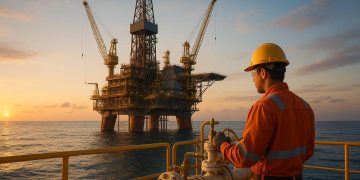 Offshore oil platform at sunset with a worker in orange overalls and a yellow hard hat on a railinged deck.