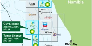 ECO ATLANTIC2 | Mining and Energy Namibia | Namibia’s Leading Mining & Energy News Map of offshore licences off Namibia showing Cooper, Guy, and Tamar licences with block outlines and operator logos (oil/gas context).