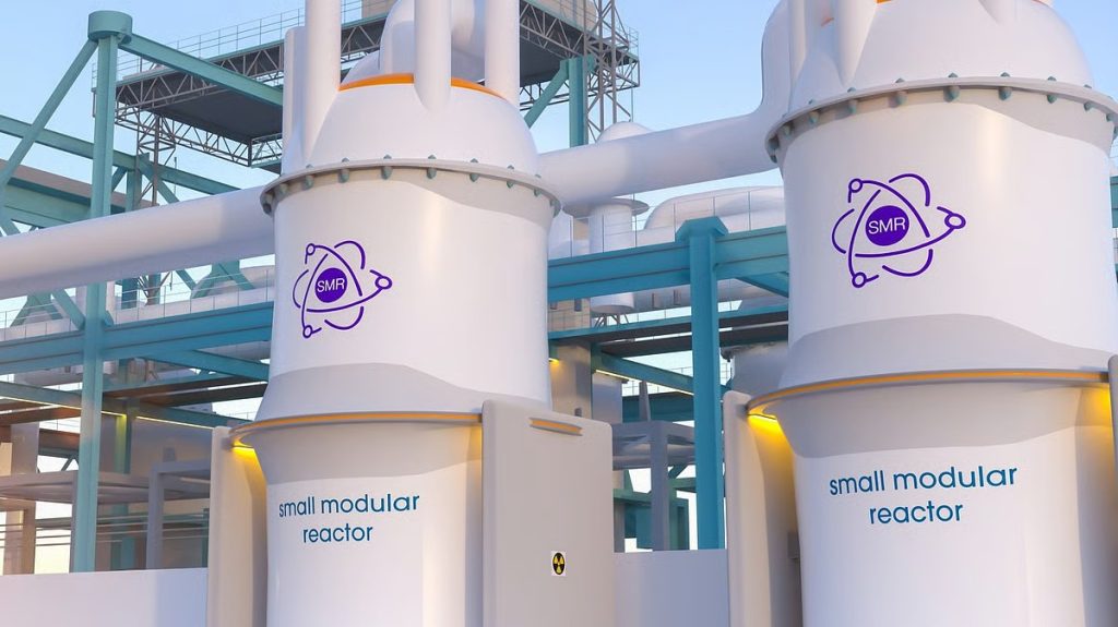 Two large white small modular reactor modules with SMR logo connected by teal framework at an industrial facility, panels labeled 'small modular reactor'