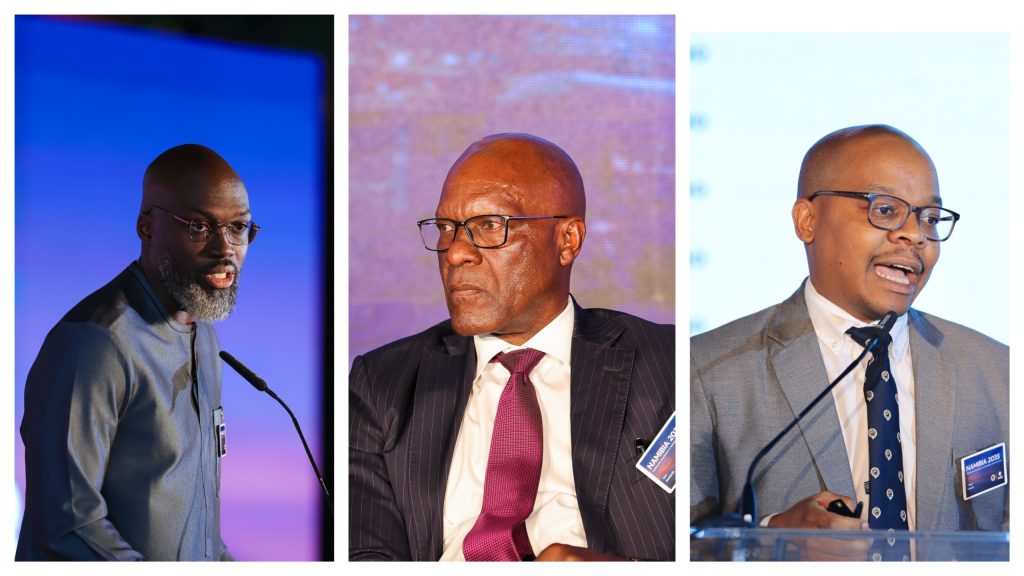 Triptych of conference speakers: left a man with glasses and gray beard on a blue-lit stage, middle a bald man in a pinstripe suit and pink tie, right a man in a gray suit at a podium.
