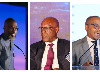 Triptych of conference speakers: left a man with glasses and gray beard on a blue-lit stage, middle a bald man in a pinstripe suit and pink tie, right a man in a gray suit at a podium.