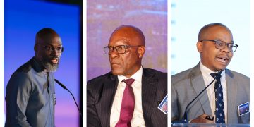 MixCollage-07-Oct-2026-07-12-PM-1840 | Mining and Energy Namibia | Namibia’s Leading Mining & Energy News Triptych of conference speakers: left a man with glasses and gray beard on a blue-lit stage, middle a bald man in a pinstripe suit and pink tie, right a man in a gray suit at a podium.