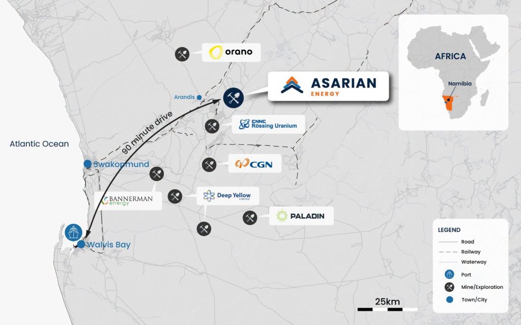ASARIAN | Mining and Energy Namibia | Namibia’s Leading Mining & Energy News Map of Namibia's uranium mining sites along the coast near Swakopmund and Walvis Bay, with company logos (Asarian Energy, Rössing Uranium, Deep Yellow, Paladin, Bannerman).