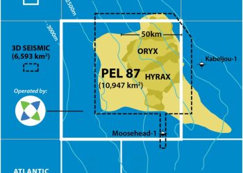 Map of offshore oil block PEL 87 showing Oryx and Hyrax with 50 km scale and nearby wells (Moosehead-1, Kabeljou-1).