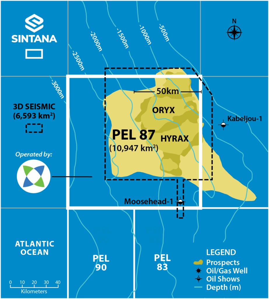 Map of offshore oil block PEL 87 showing Oryx and Hyrax with 50 km scale and nearby wells (Moosehead-1, Kabeljou-1).