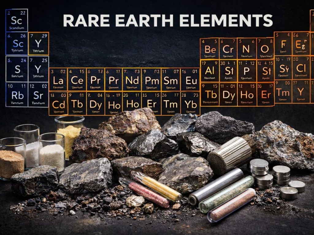 Rough rocks and mineral samples with glass vials and tubes in front, and a 'Rare Earth Elements' periodic-table backdrop.