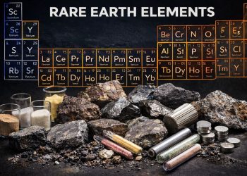 Chalkboard showing a stylized periodic table of rare earth elements with rocks, minerals, and sample tubes in the foreground.